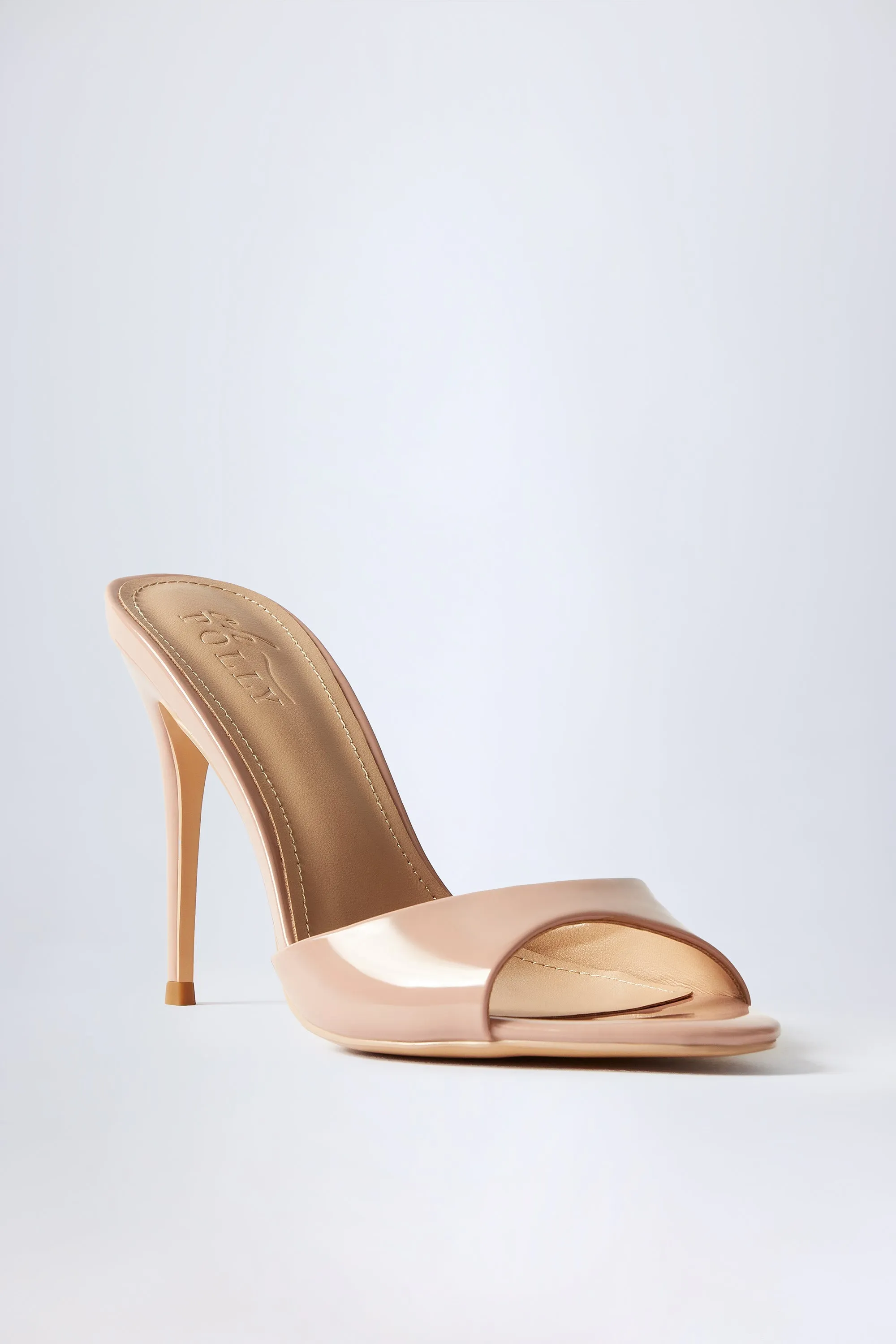 Almond-Toe Heeled Mules in Patent Pink