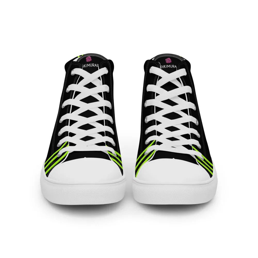 Black Green Striped Women's Sneakers, Neon Green Stripes High Top Tennis Shoes For Ladies