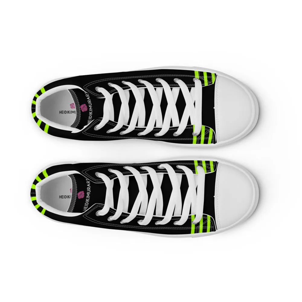 Black Green Striped Women's Sneakers, Neon Green Stripes High Top Tennis Shoes For Ladies