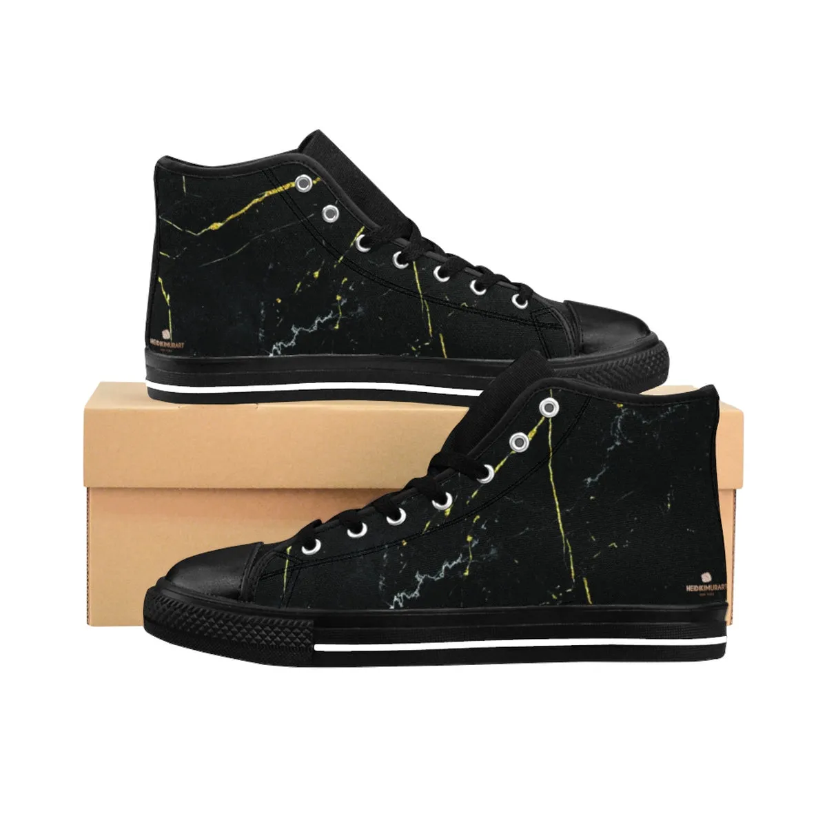 Black Marble Print Men's High Tops, Abstract Print Men's High-Top Sneakers Tennis Shoes