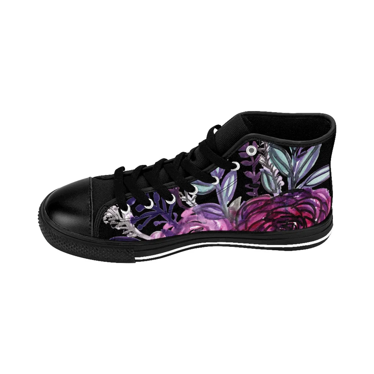 Black Purple Rose Men's Sneakers, Floral Print Designer High-top Running Tennis Shoes