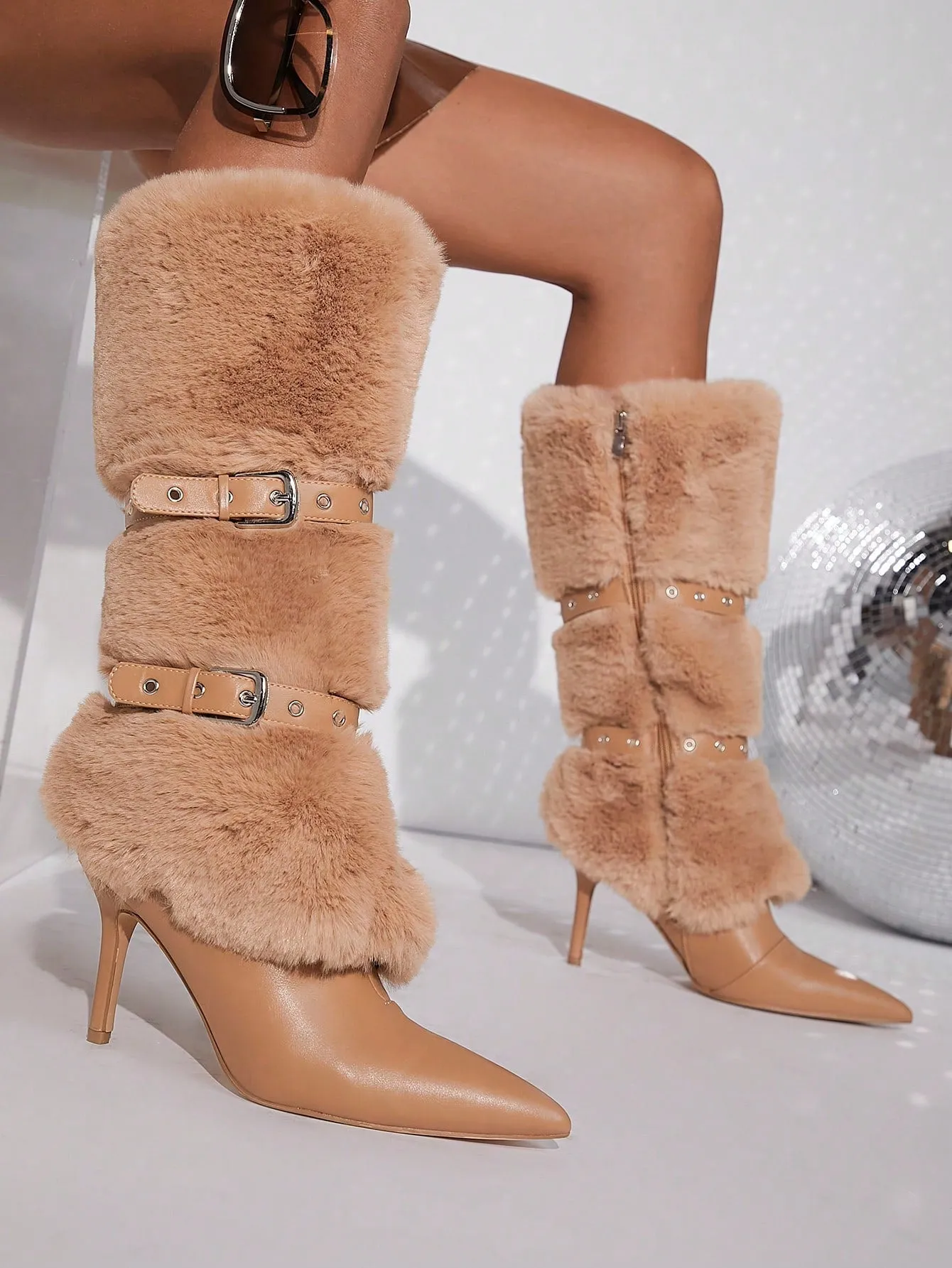 Buckle Decor Faux Fur Stiletto Heeled Boots