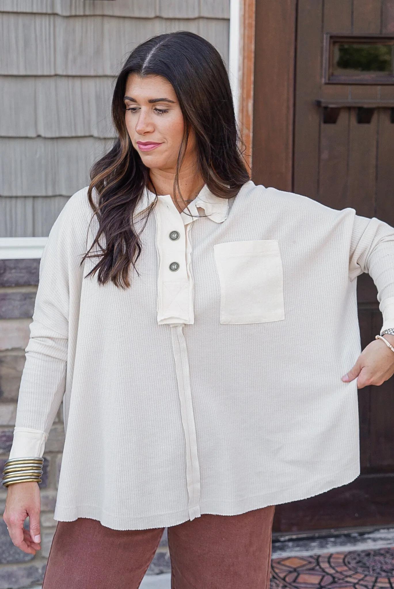 Casual Perfection Ivory Waffle Top