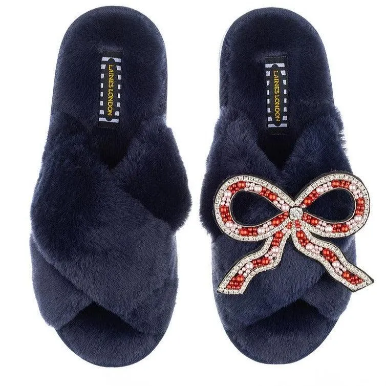 Classic Laines Slippers with Deluxe Bow Brooch in Navy