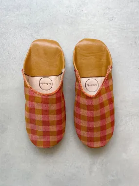 Margot Linen Babouche Slippers, Burnt Orange Check