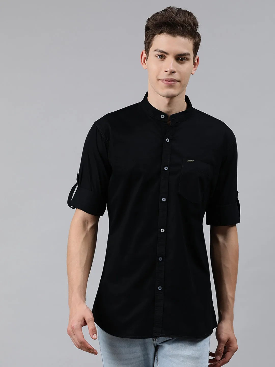 Men Black Slim Fit Solid Casual Shirt