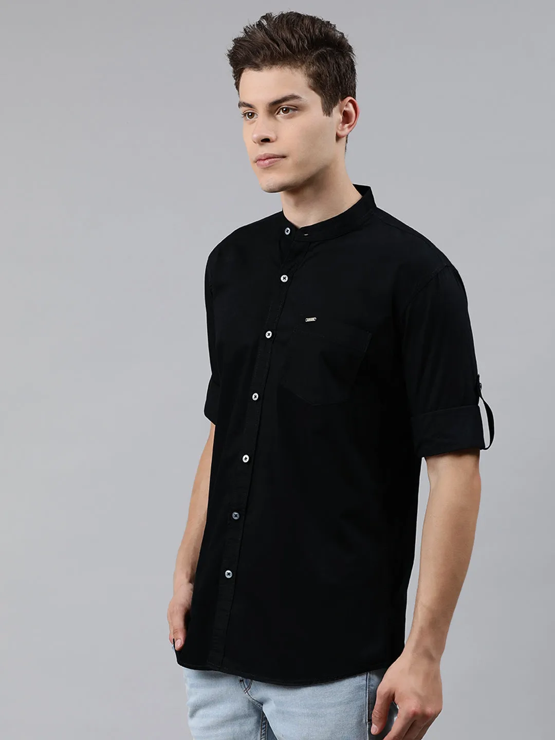 Men Black Slim Fit Solid Casual Shirt