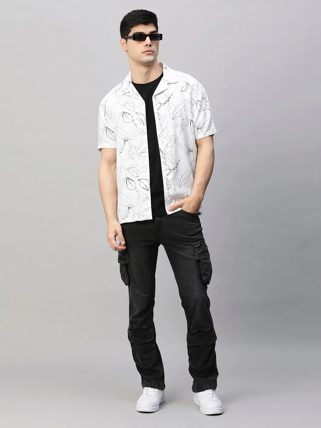 Mens Cuban Collar Printed Casual Shirt