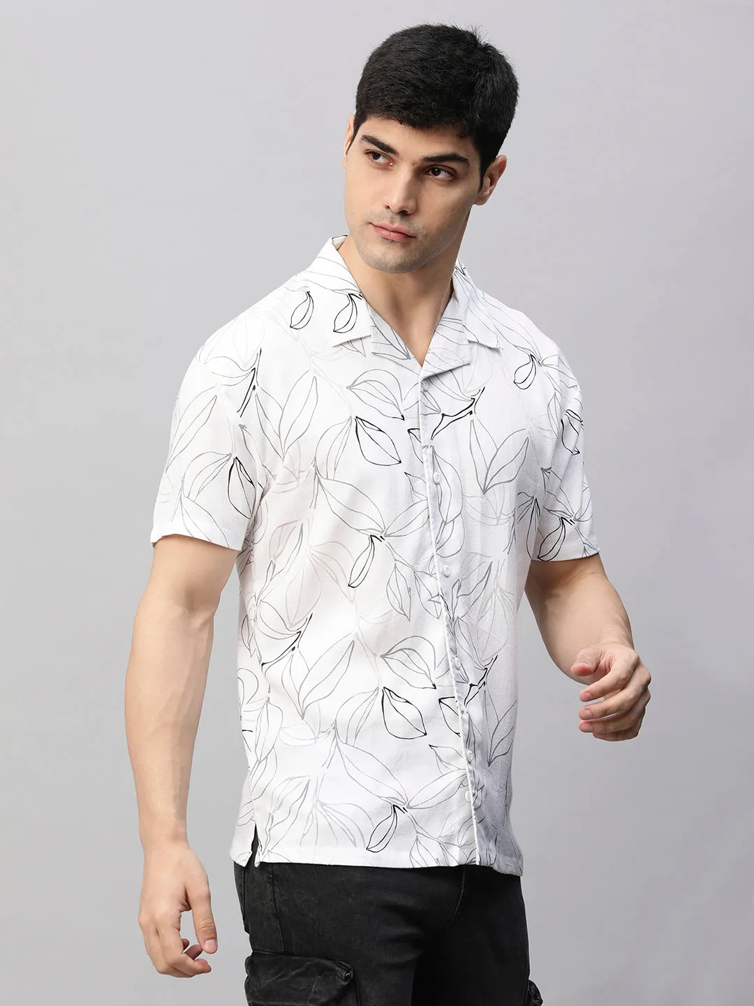 Mens Cuban Collar Printed Casual Shirt