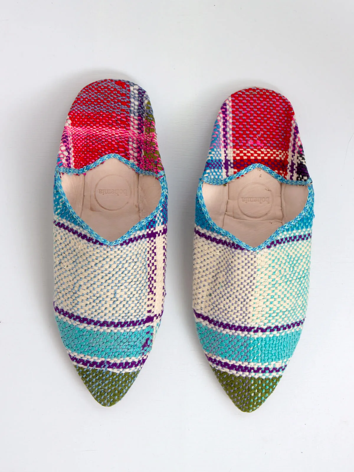 Moroccan Boujad Pointed Babouche Slippers, Blue Green Stripe