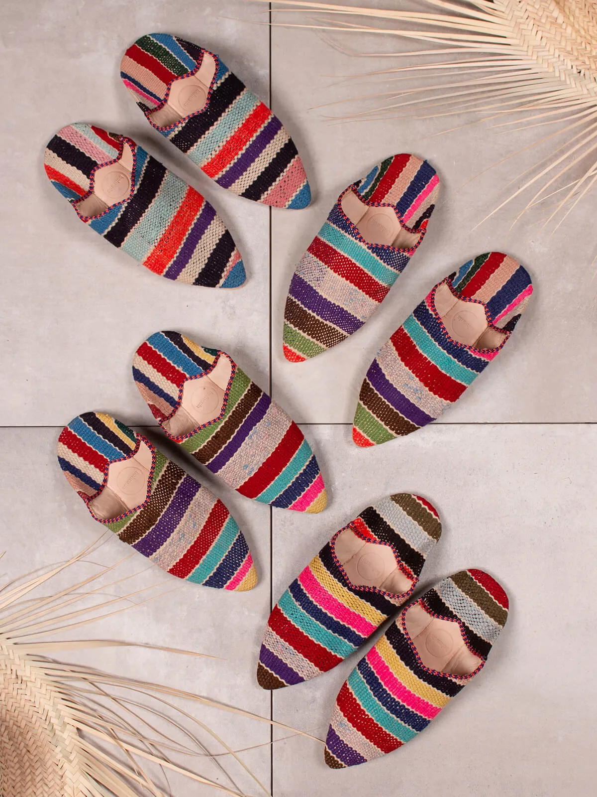 Moroccan Boujad Pointed Babouche Slippers, Multi Stripe