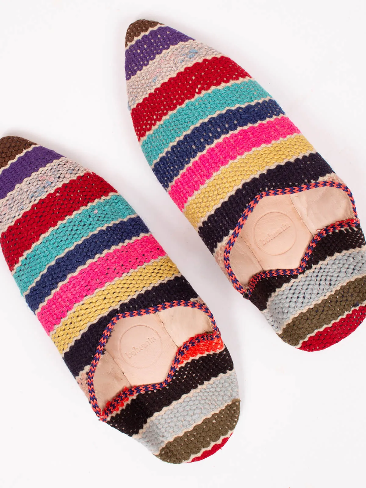 Moroccan Boujad Pointed Babouche Slippers, Multi Stripe