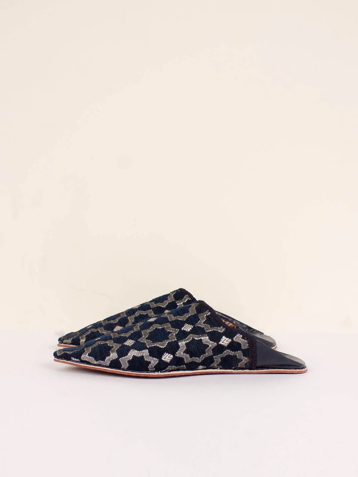 Moroccan Star Brocade Pointed Babouche Slippers, Indigo