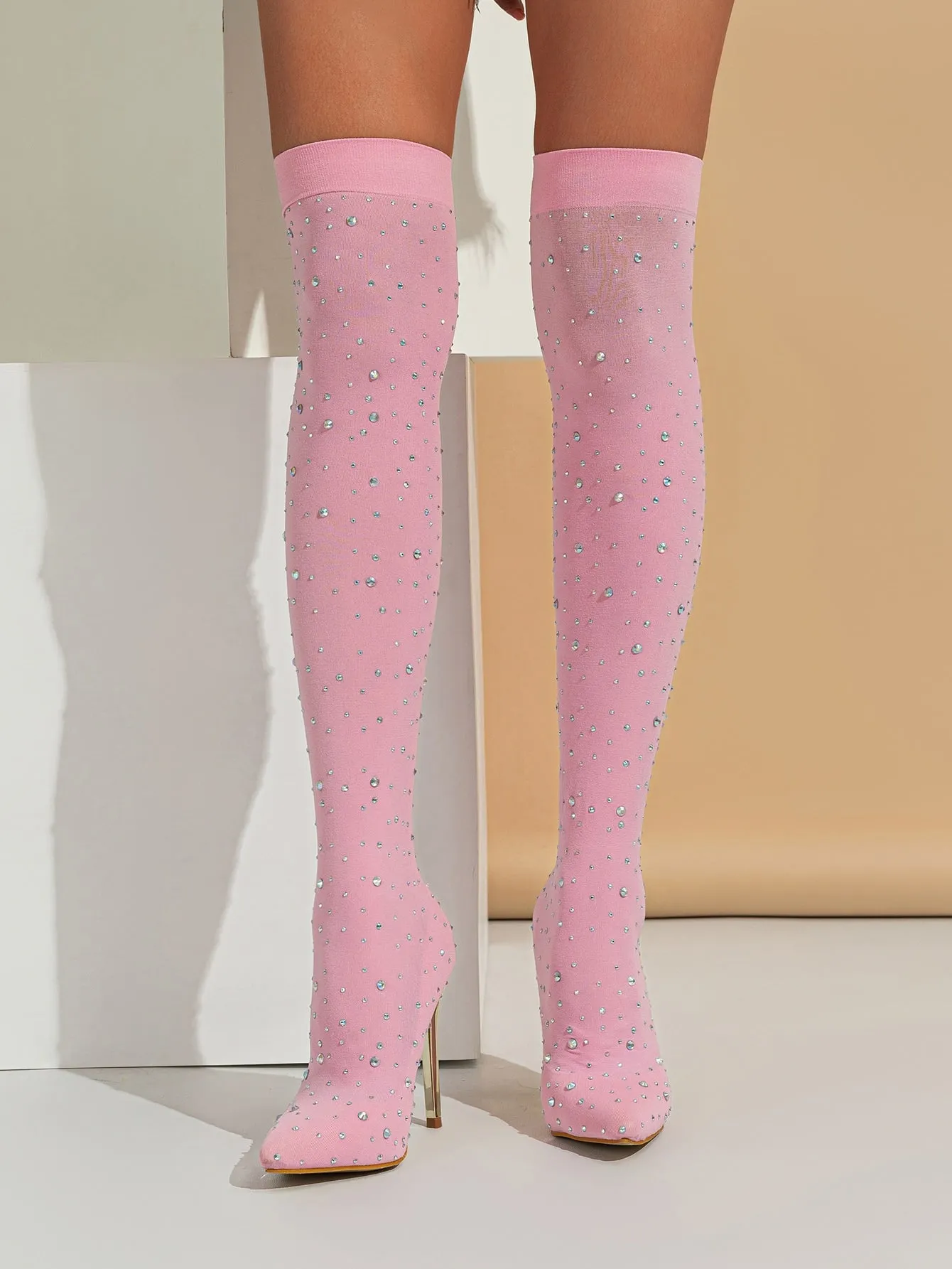 Rhinestone Decor Point Toe Stiletto Heeled Sock Boots