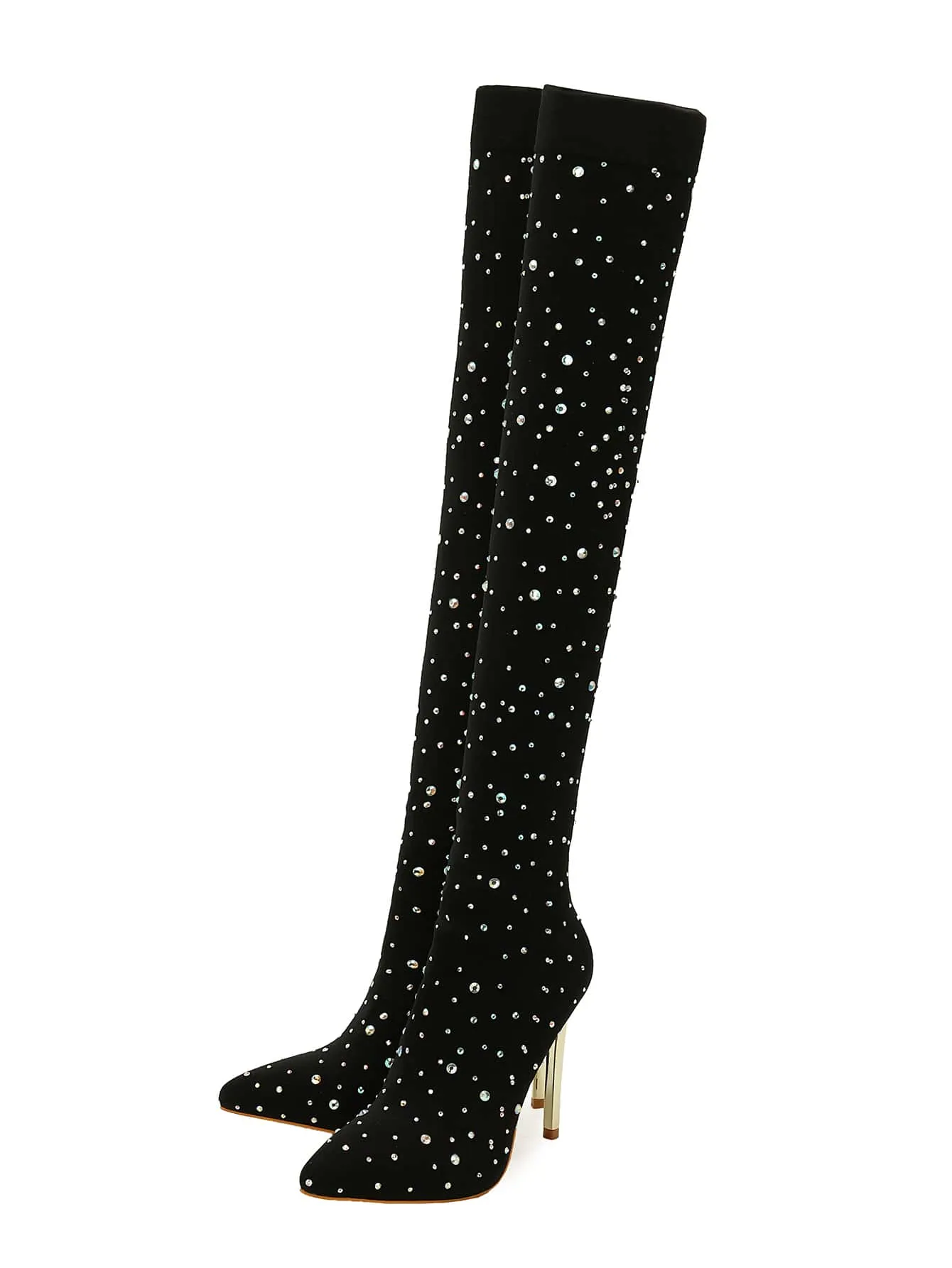 Rhinestone Decor Point Toe Stiletto Heeled Sock Boots