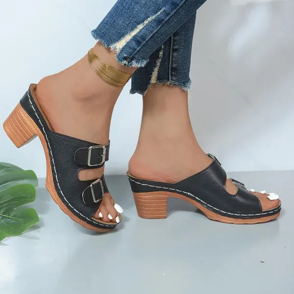 Women's Casual Belt Buckle Thick Heel Slippers 99578212S