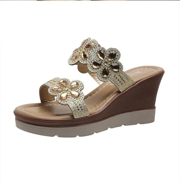 Women's Casual Flower Rhinestone Wedge Slippers 82990380S