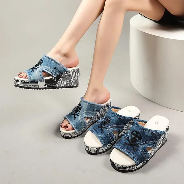 Women's Casual Skull Denim Tassel Wedge Slippers 34601102S