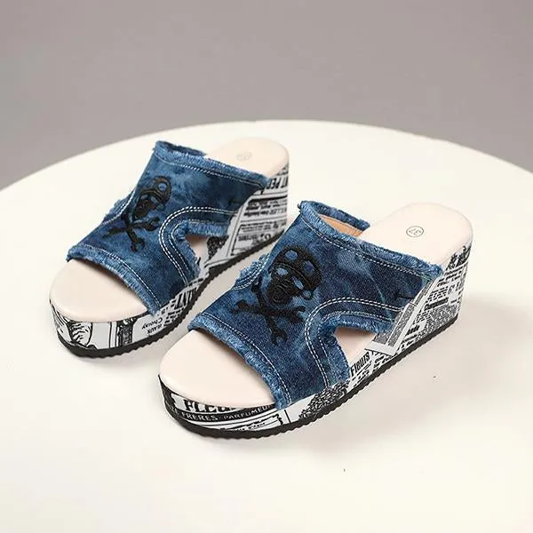 Women's Casual Skull Denim Tassel Wedge Slippers 34601102S